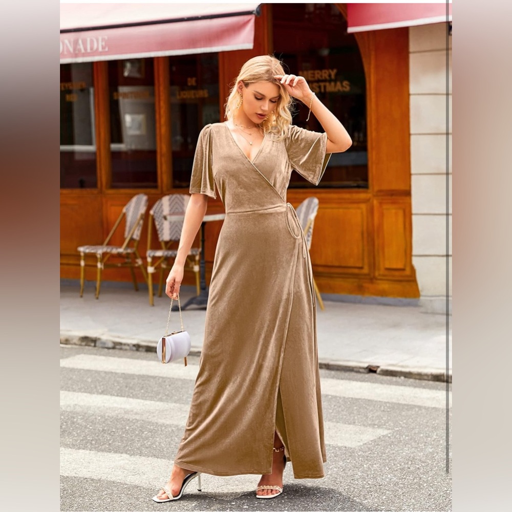 Women's V Neck Wrap Velvet Maxi Dress Bell Sleeve Split